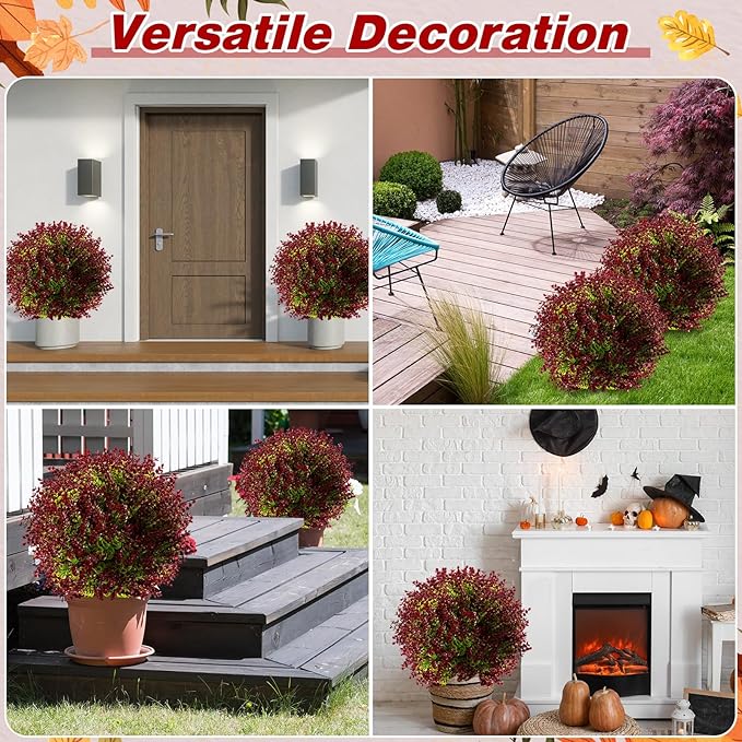 Yunlly 4 Pcs 18 Inch Artificial Boxwood Ball Topiary Tree Fake Outdoor Plants Bush, UV Resistance Faux Shrub with Spike Realistic Greenery Potted for Indoor Garden Yard Porch Patio Decor (Purple Red)