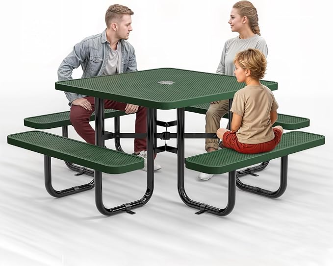 Metal Picnic Tables for Outdoors with Umbrella Hole - Coated Steel Heavy Duty Commercial Grade Table with Adjustable Seats (Green, 46 in, Square, Punched Steel)