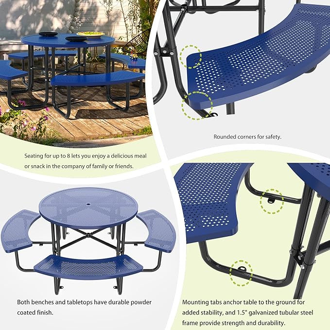 46'' Steel Round Picnic Table for Outdoors, Expanded, Lifetime Picnic Table with Umbrella Hole, Heavy Duty Sturdy Commercial Picnic Tables for Garden Courtyard BBQ, Blue