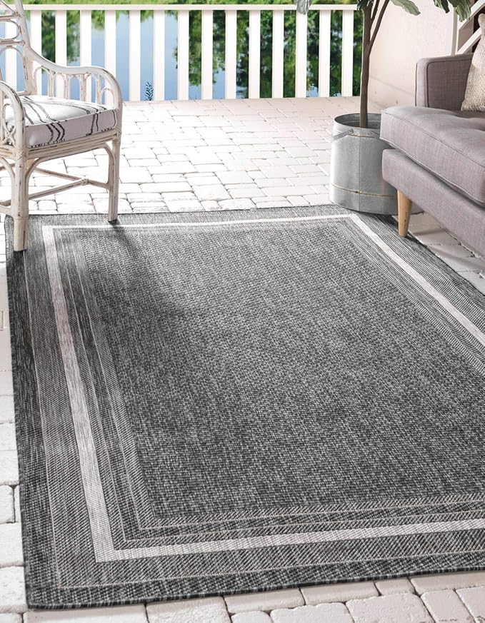 Unique Loom Outdoor Border Collection Area Rug - Soft Border (9' x 12' Rectangle, Black/ Ivory)