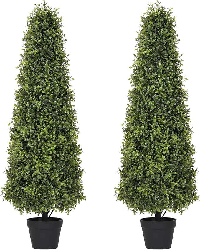 4ft Artificial Boxwood Topiary Trees (Set of 2) - UV Resistant Faux Plants Outdoor, Realistic 48in Fake Potted Bushes and Shrubs for Front Porch, Planter, Patio - Low Maintenance & Evergreen