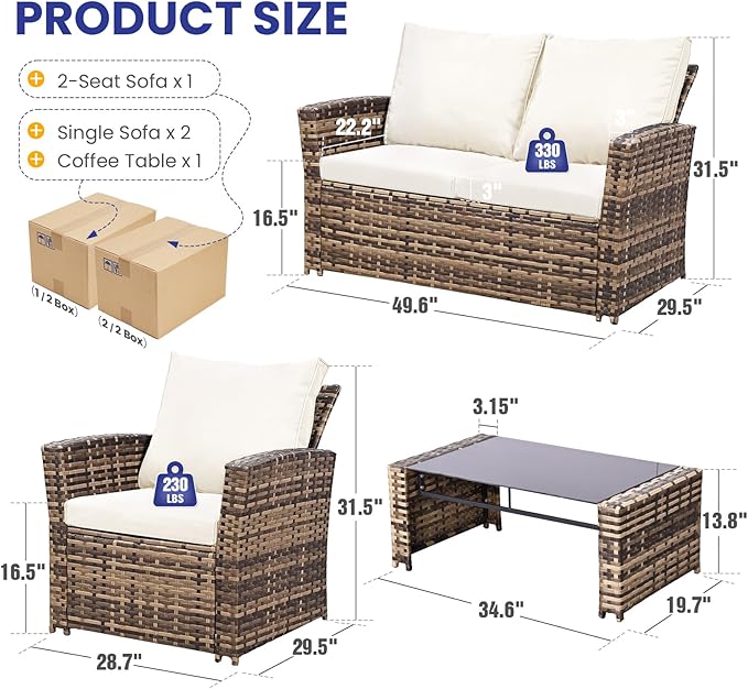 5 Piece Patio Furniture Set with 43" Propane Fire Pit Table, Outdoor Wicker Conversation Set, Rattan Modern Sectional Sofa Couch with Coffee Table for Backyard Porch Garden Poolside, Yellow-Beige