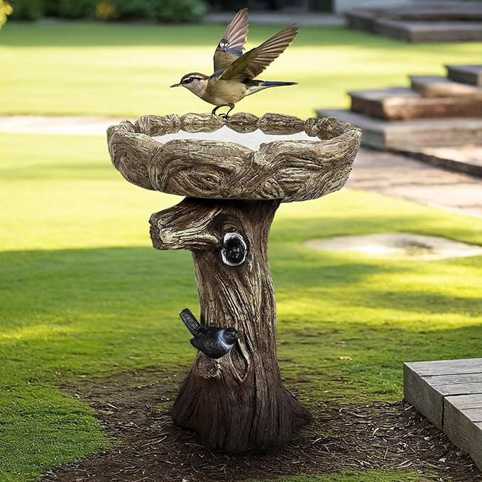 SunJet 23 Inch High Wood-Look Concrete Bird Bath with Decorative Faux Bird – Birdbath Rustic & Long-Lasting Design, Enhances Garden, Patio, Yard, Lawn Decor