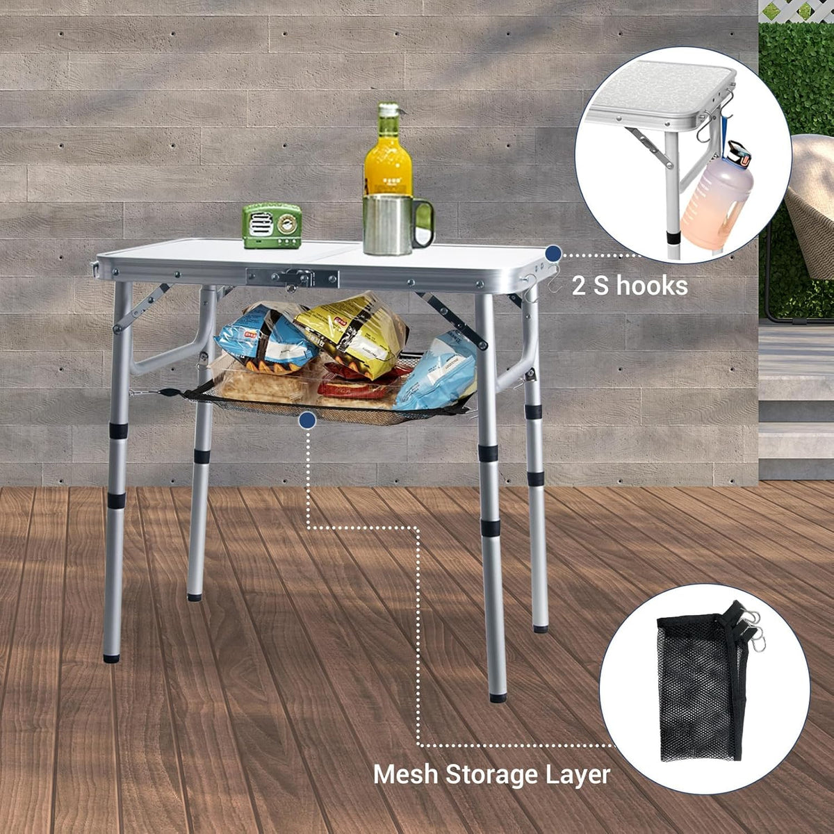 Small Folding Table 2FT Lightweight Portable Aluminum Camping Table for Picnic and Camping Mini Foldable with Adjustable Extended Height,Silver