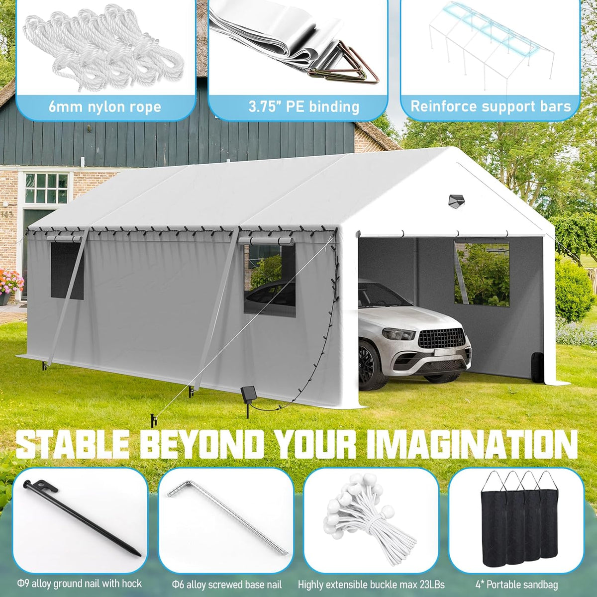 13x25 Carport Canopy, Heavy Duty Car Port, Portable Car Ports Garage with 2 Roll-Up Zipper Drive Through Doors, White