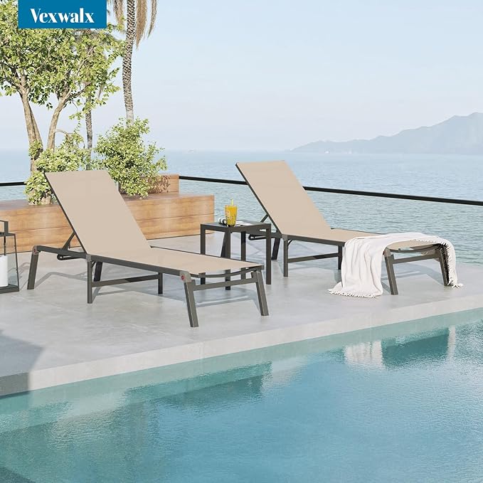 Chaise Lounge Outdoor, Foldable Aluminum Pool Lounge Chairs with 5 Positions Recliner - Free Assembly - Patio Chaise Lounge Chair for Poolside, Beach, Yard (Khaki)