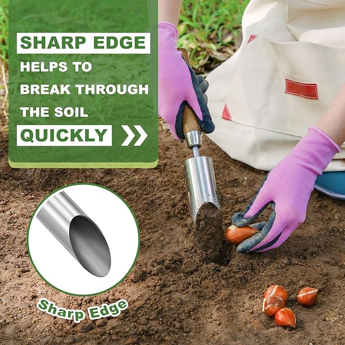 Haliaeetus Small Bulb Planter Tool, Sharp Edge Bulb Planter for Breaking Through Soil, Heavy Duty Stainless Steel Bulb Planter Tool, Small Bulb Digger with Comfortable Wood Handle for Seed Planting