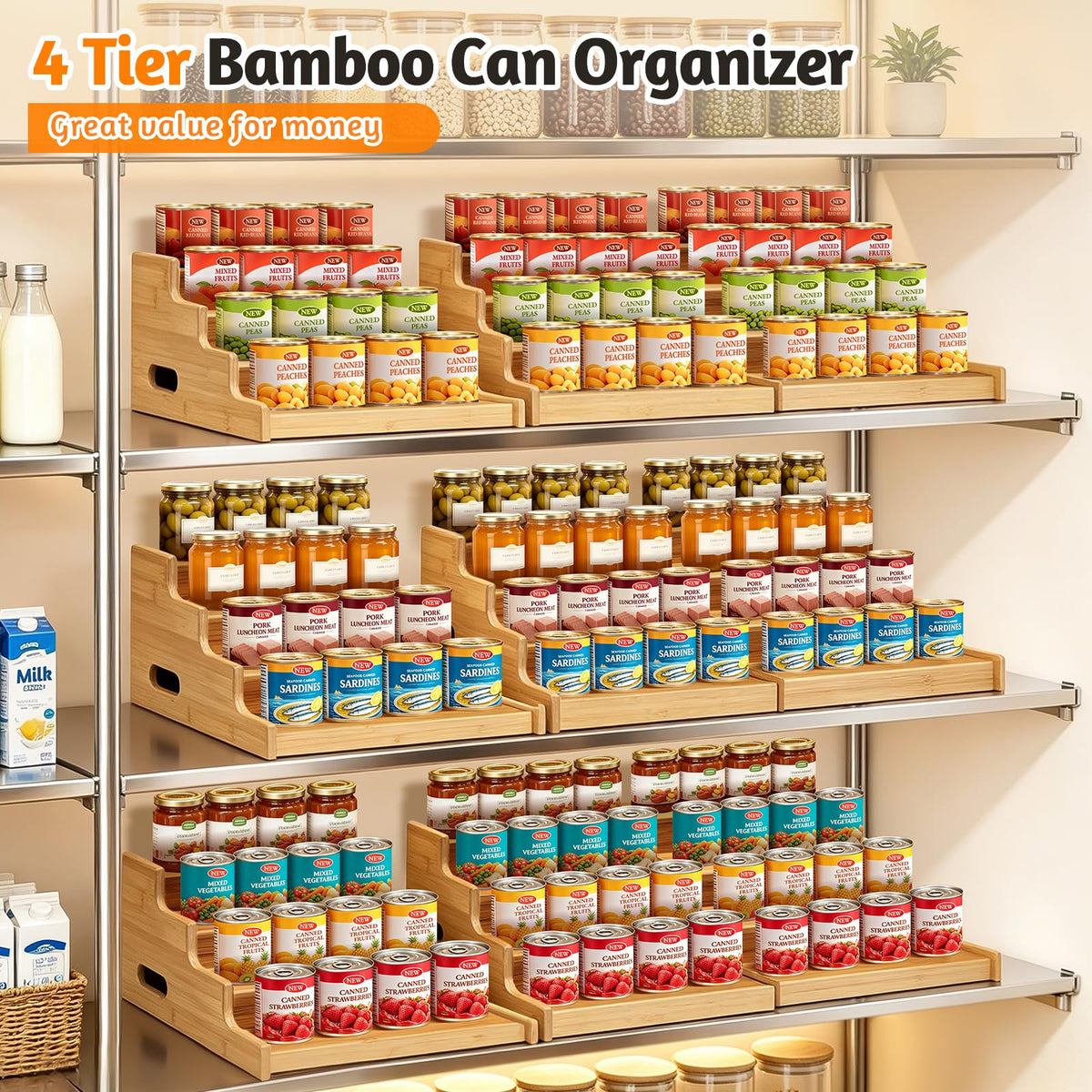Aclema 4-Tier Bamboo Expandable Can Rack Organizer for Pantry 32 Cans