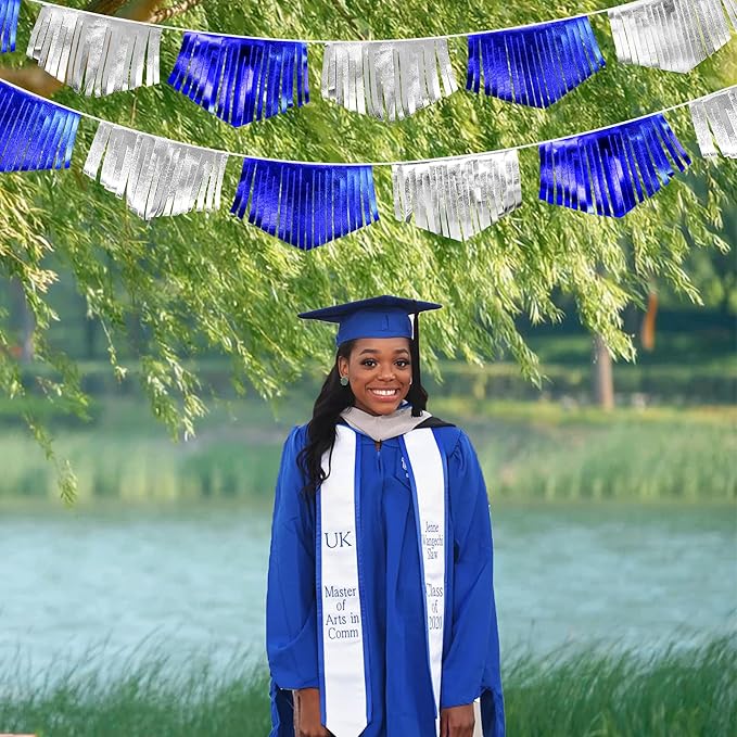 Royal Blue Silver Tassel Banner Metallic Fabric Pennant Bunting Flag for Graduation Birthday Retirement Bachelorette Engagement Wedding Bridal Shower Navy Nautical Ahoy Achor Party Decoration Supplies