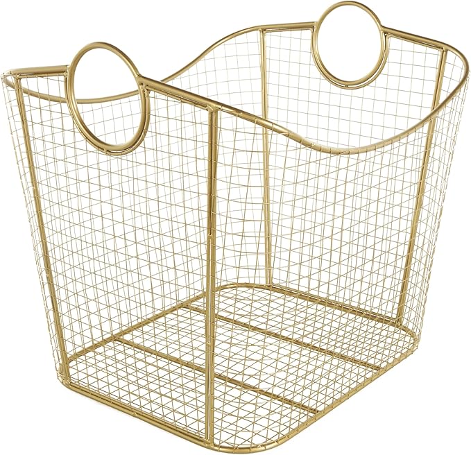 Deco 79 Metal Decorative and Functional Storage Basket Deep Basket Organizer with Round Handles, Basket for Storage 20" x 18" x 19", Gold