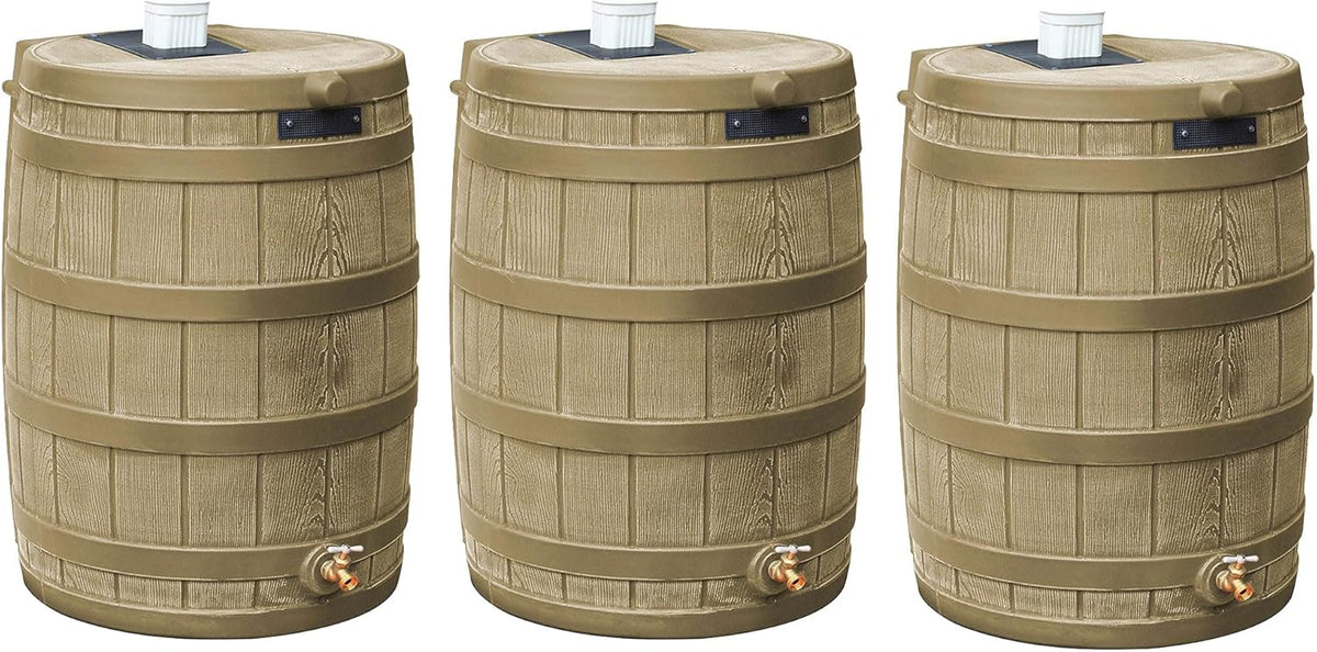 Good Ideas Rain Wizard 50 Gallon Plastic Outdoor Home Rain Barrel Water Storage Collector with Brass Spigot and Flat Back Design, Khaki (3 Pack)