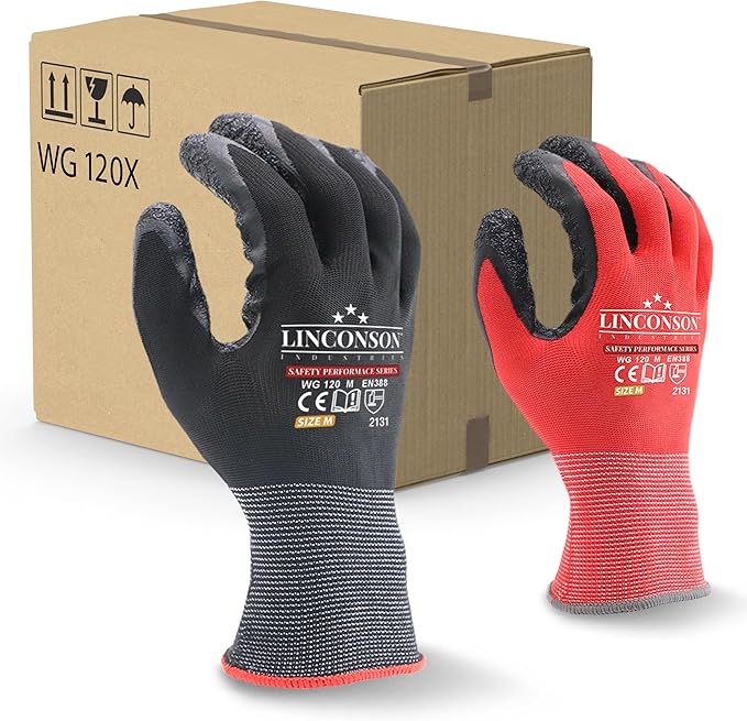 linconson 12 Pack Safety Performance Series Construction Mechanics Wrinkle Latex Work Gloves