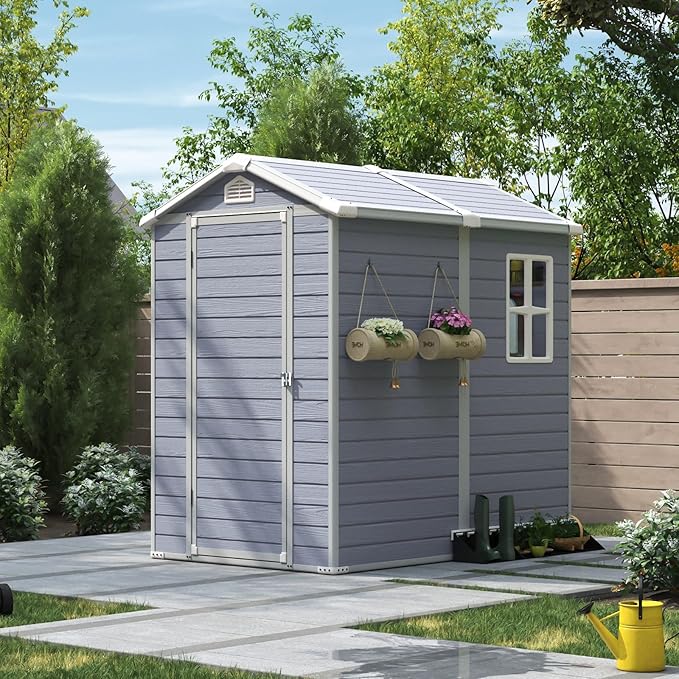Aoxun 4'x6' Resin Outdoor Storage Shed Utility Tool Shed Storage House, Multi-Purpose Utility Tool House Applicable for Bike, Clutter Storage for Backyard, Patio - Gray