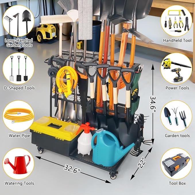Garden Tool Organizer - Heavy Duty Garage Storage and Organization with Wheels - Large Garden Tool Storage Holder for Lawn Yard Patio Shed,Garage Shovel Rack