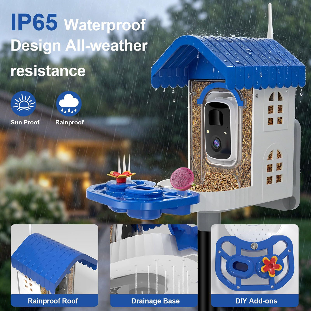 NEEZUKAR Smart Bird Feeder with Camera Solar Powered, AI Species Identification, 2K HD Video, Instant Arrival Alerts, Weatherproof Design for Outdoor, Best Gift for Bird Lovers(Blue)