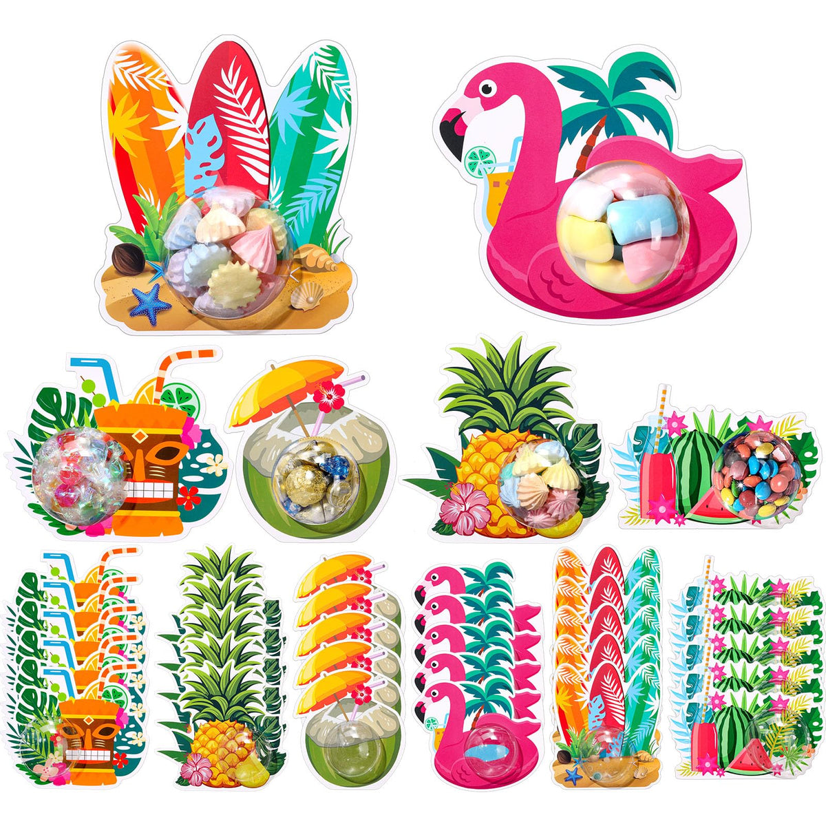 Motiskyy 30 Pack Hawaiian Candy Cards Hawaiian Theme Holder with Clear Plastic Candy Dome Tropical Party DIY for Summer Pool Beach Birthday Baby