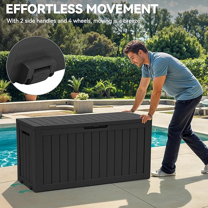 YITAHOME 72 Gallon Outdoor Resin Deck Box with Wheels, Pool Storage Box for Outdoor Cushions, Sports Equipment, Garden Tools, Black