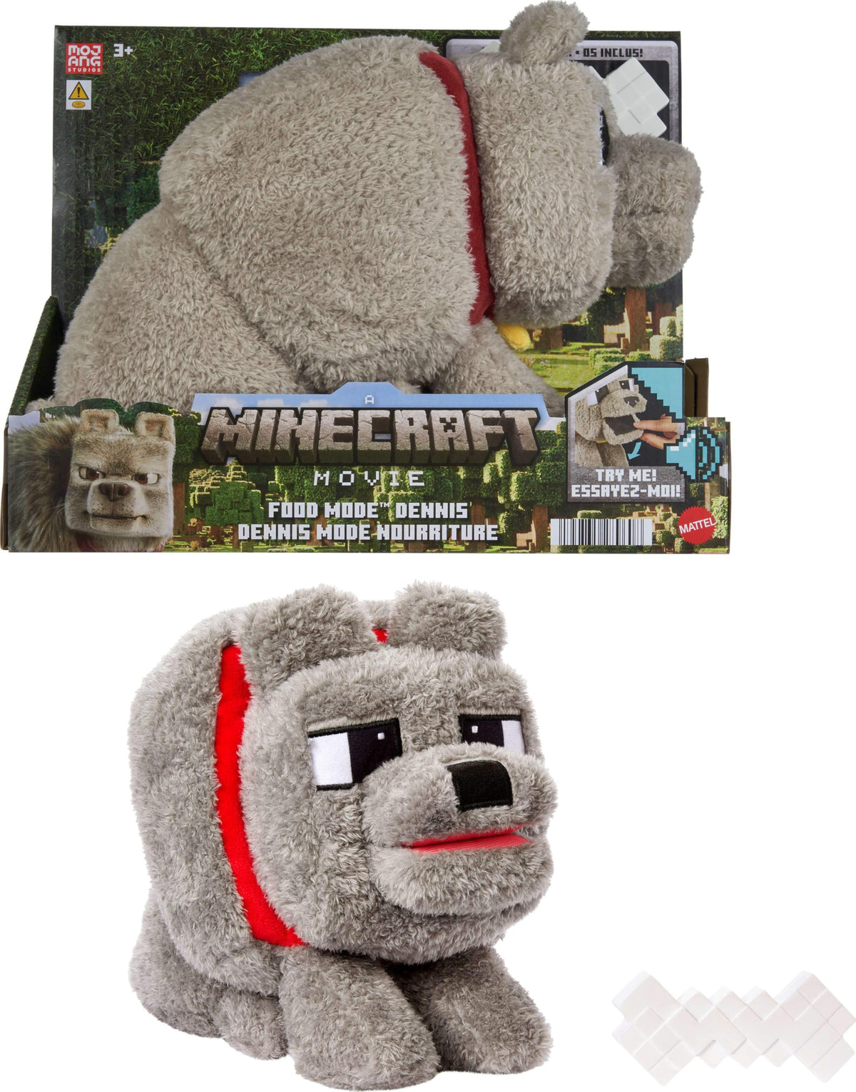 Mattel Minecraft Dennis the Wolf Plush Toy with Sound and Feeding Action