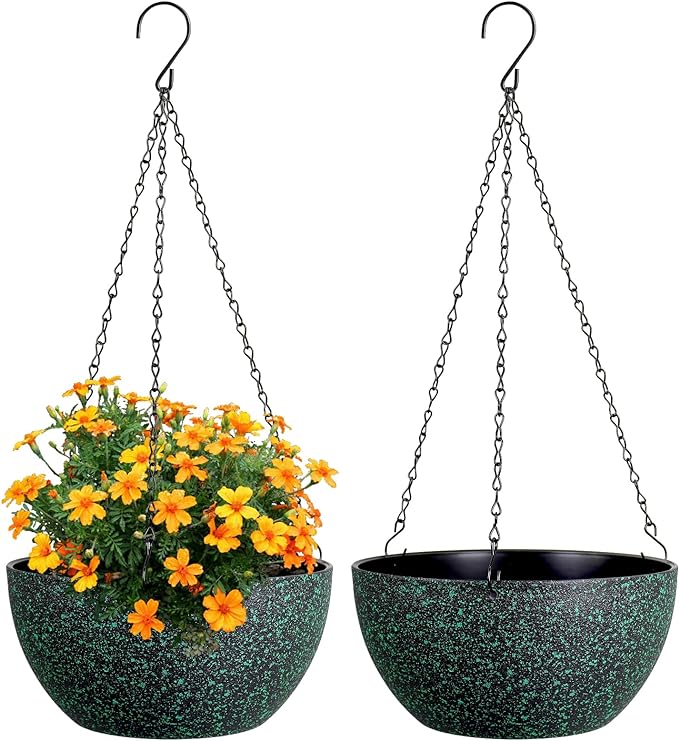 10 inch Hanging Planters for Indoor Outdoor Plants, 2 Pack Hanging Flower Pots with Drainage Holes and Chain for Garden, Plastic Hanging Baskets for House Plants, Black with Green Speckles