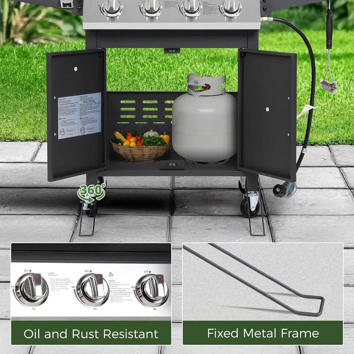 4-Burner Propane Gas BBQ Grill with Wheels, 40,000 BTU Output Stainless Steel Barbecue Grill for Backyard & Outdoor Cooking Easy Assembly, Foldable Side Tables & Spice Rack (Dark Black)