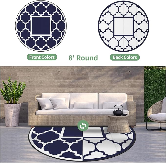 GENIMO 8' Round Outdoor Rug Waterproof for Patio Decor, Foldable Reversible Plastic Straw Area Rugs Mat for Rv, Outside Carpet for Camper, Deck, Picnic, Beach, Balcony, Camper, Blue & White