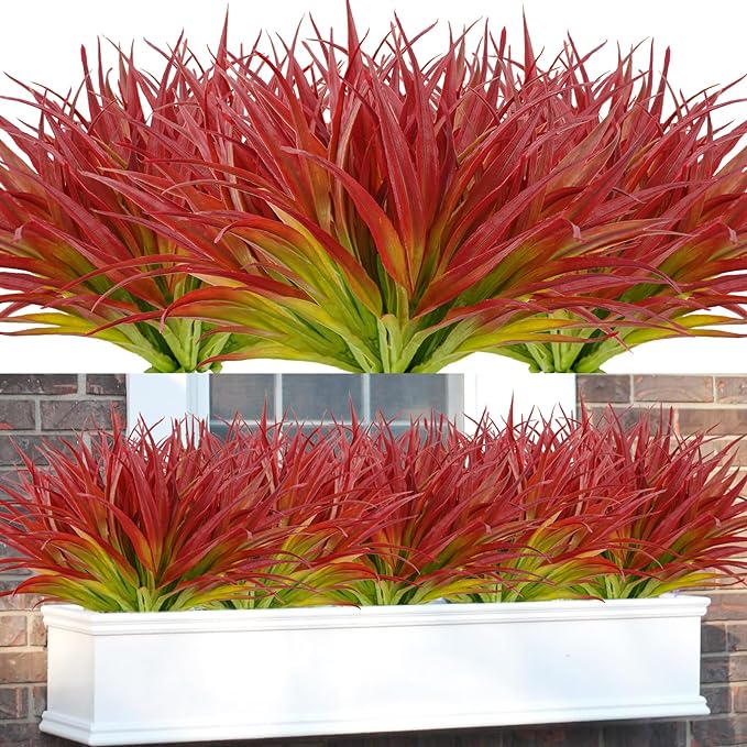 16Pcs Artificial Grass Fake Plants 17.3in Outdoor Plants UV Resistant Greenery Stems Fake Grass for Home Window Garden Office Patio Pathway Front Porch Décor Light Green & Red