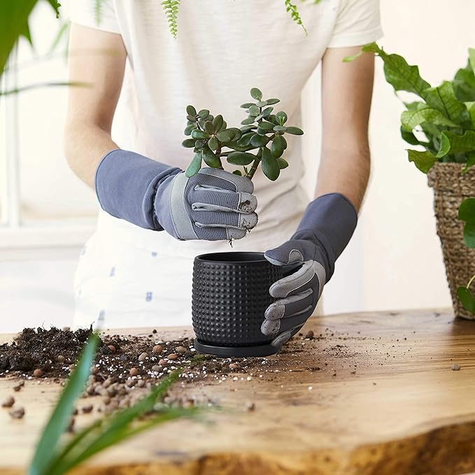 D'vine Dev 4 Inch Ceramic Beaded Stoneware Planter Pot - Flower Pot with Drainage Holes and Saucers for Indoor Succulent Plants or Flowers, Ebony Matte, 27-C-Z-6