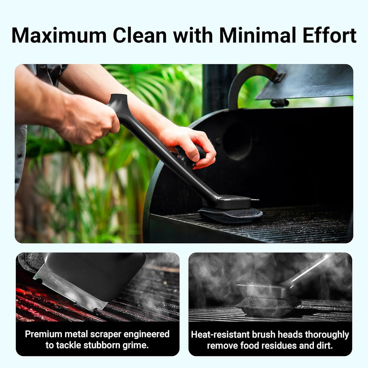 Grill Brush Bristle Free with 3 Replacement Brush Heads, Steam Grill Brush with Scraper, Non Metal Bristles for Cast Iron, Stainless-Steel Grates, Safe for Non-Stick Surface, Black