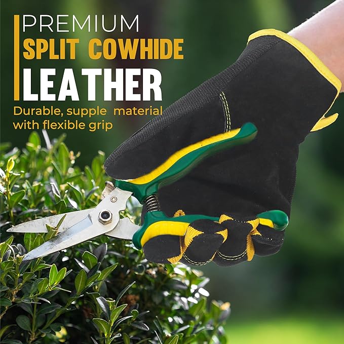 HANDLANDY Leather Work Gloves for Men & Women, Reinforced Durable Garden Gloves, Cowhide Working Glove for Gardening