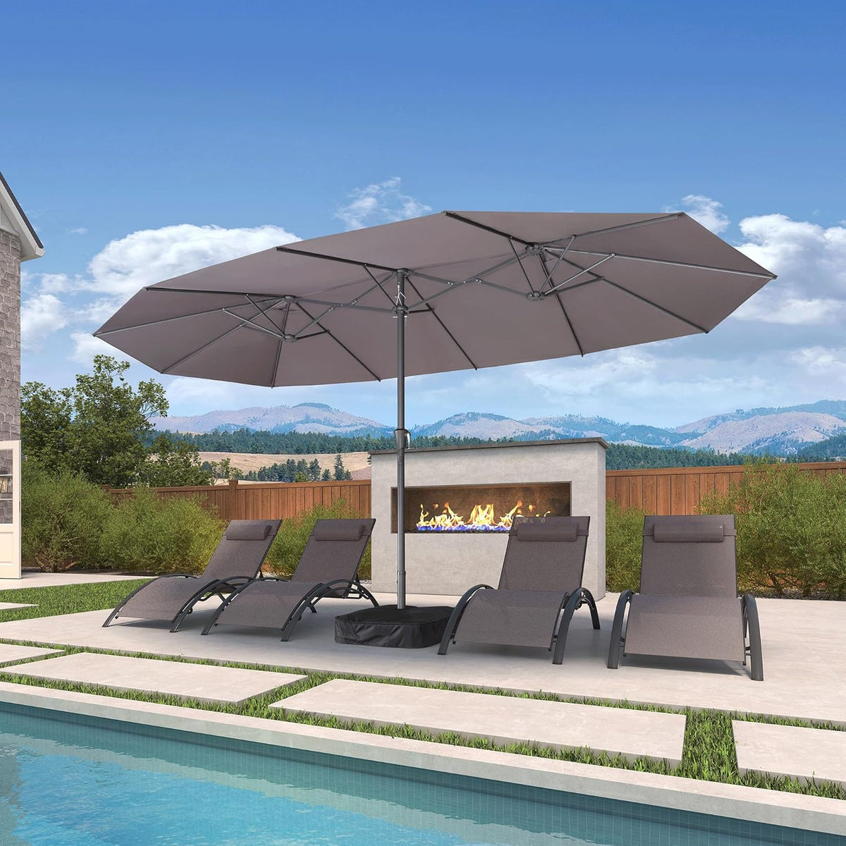PURPLE LEAF 15ft Patio Market Umbrella with Base Included Double-Sided Rectangle Outdoor Umbrella Table Umbrella with Crank for Pool Garden Deck, Light Grey