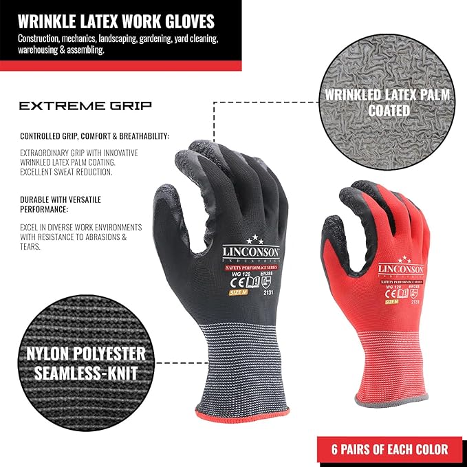 linconson 12 Pack Safety Performance Series Construction Mechanics Wrinkle Latex Work Gloves