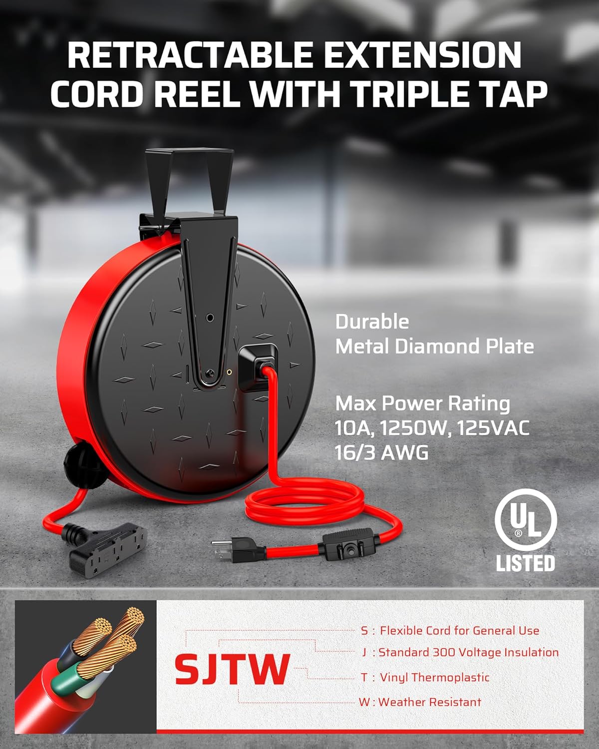 DEWENWILS 30FT Extension Cord Reel, 16/3 Gauge SJTW Power Cord, Retractable Cord Reel with 3 Outlets, Ceiling/Wall Mount for Garage, Workshop, 10A Circuit Breaker, Metal Plate, UL Listed, Red