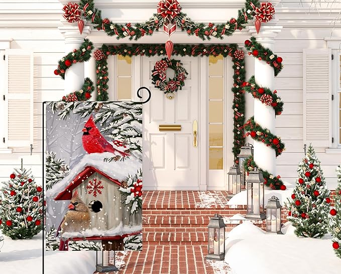 BLKWHT Winter Cardinal Bird Garden Flag 12x18 Vertical Double Sided Trees Snow Christmas Holiday Outside Decorations Burlap Yard Flag BW735