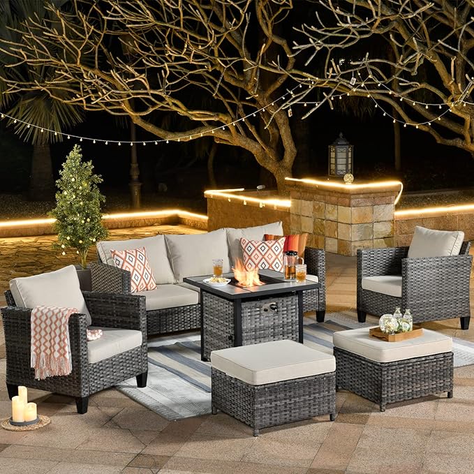 ovios 6 Pieces Patio Furniture Set with 30" Fire Pit Table, Outdoor Wicker Sofa with Comfy Cushions, All Weather High Back Rattan Couch Conversation Set, Beige