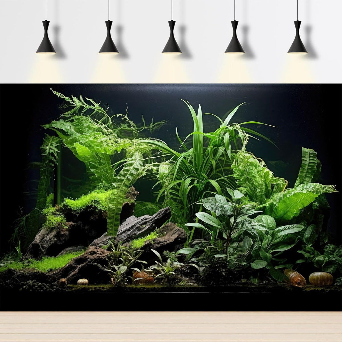 Aquarium Background Freshwater Green Plants Terrarium Background Aquatic Underwater Sea Grass Tank Background Wood Root Rock with Moss Jungle Style Fish Tank Background Poster Wallpaper 60x24in