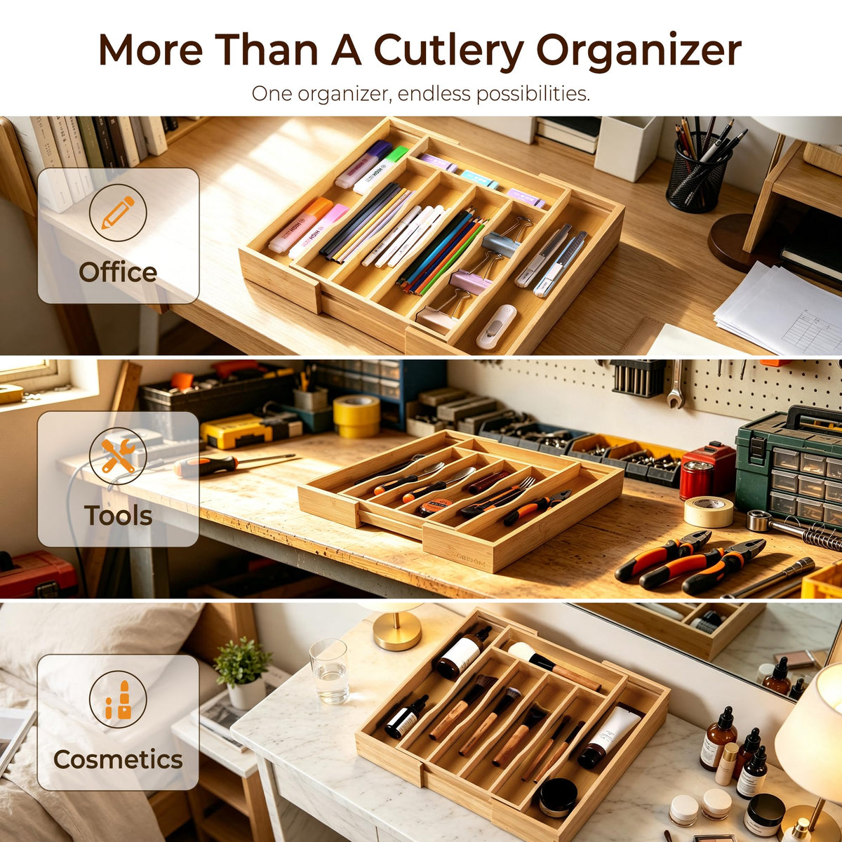 oridom Expandable Bamboo Kitchen Drawer Organizer for Cutlery and Utensils, Adjustable Bamboo Wood Cutlery Tray in Drawer for Flatware and Silverware in Kitchen, (Natural)