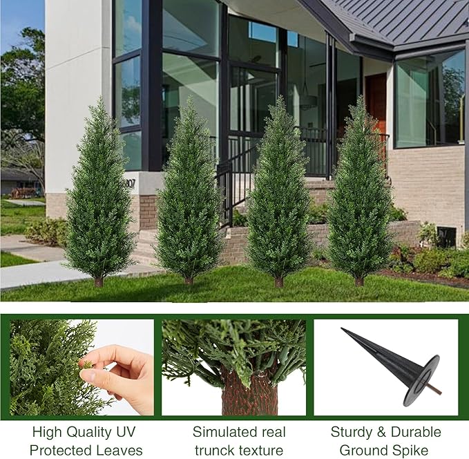 3FT Artificial Cedar Topiary Trees with Ground Spike, Set of 2 UV Resistant Fake Evergreen Bushes Shrubs Trees Artificial Plants Realistic Faux Cypress Plants for Indoor Outdoor Front Porch Garden