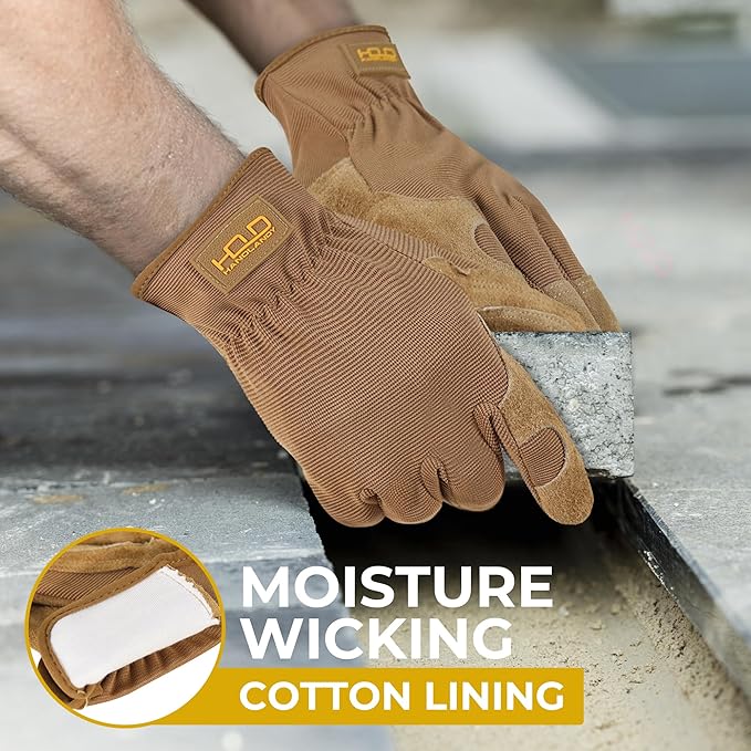 HANDLANDY Leather Work Gloves for Men & Women, Reinforced Durable Garden Gloves, Cowhide Working Glove for Gardening