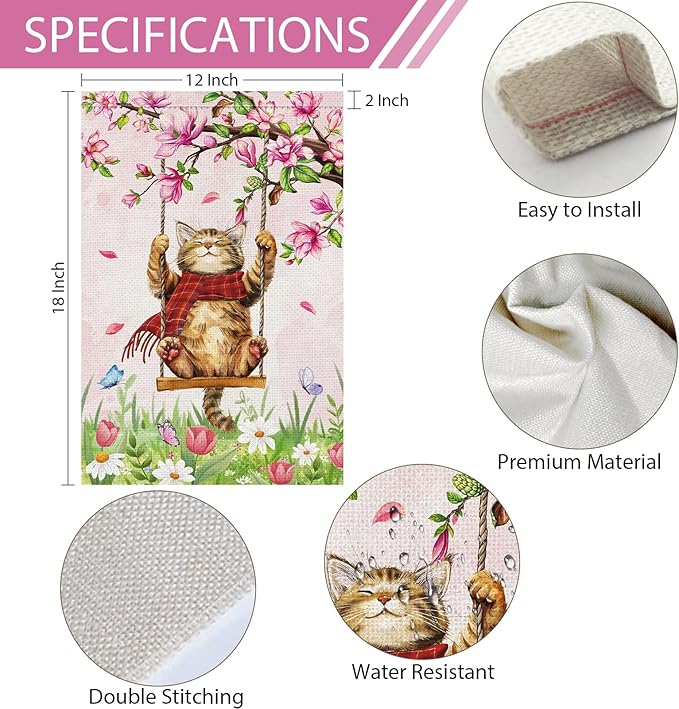 Heyfibro Spring Cute Cat Welcome Garden Flag 12x18 Inch Double Sided Burlap Butterfly Floral Yard Flag for Seasonal Holiday Farmhouse Outdoor Decor(ONLY FLAG)