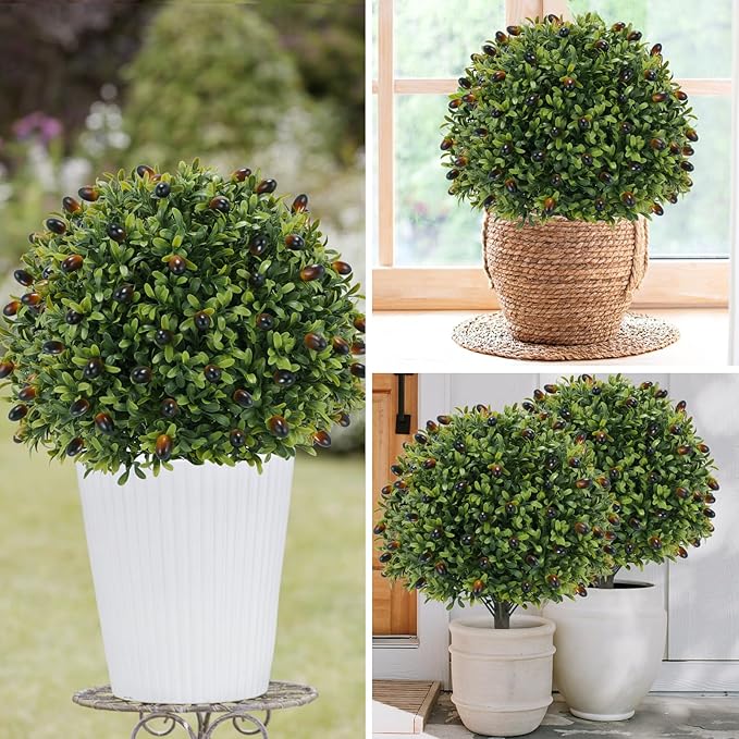 Artificial olive Topiary Ball Tree 24" with Ground Spike, Set of 2 Artificial Boxwood Bushes for Faux Shrubs, Fake Evergreen Faux Plant for Indoor Outdoor Porch Garden -UV Resistant–Fade-Proof