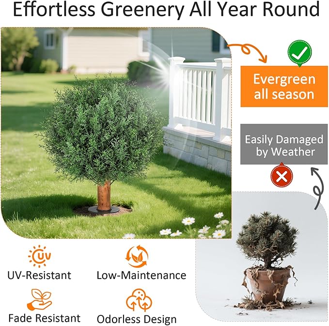 Artificial Cedar Shrubs Ball Trees with Ground Spike, 24.6 inche Tall UV-Resistant Fake Outdoor Plants Evergreen Trees, Realistic Faux Pine Bushes for Front Porch Home Patio Garden, 1 Pcs
