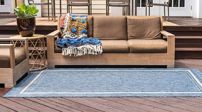 Unique Loom Outdoor Border Collection Area Rug - Soft Border (5' 3" x 8' Rectangle Blue/Ivory)