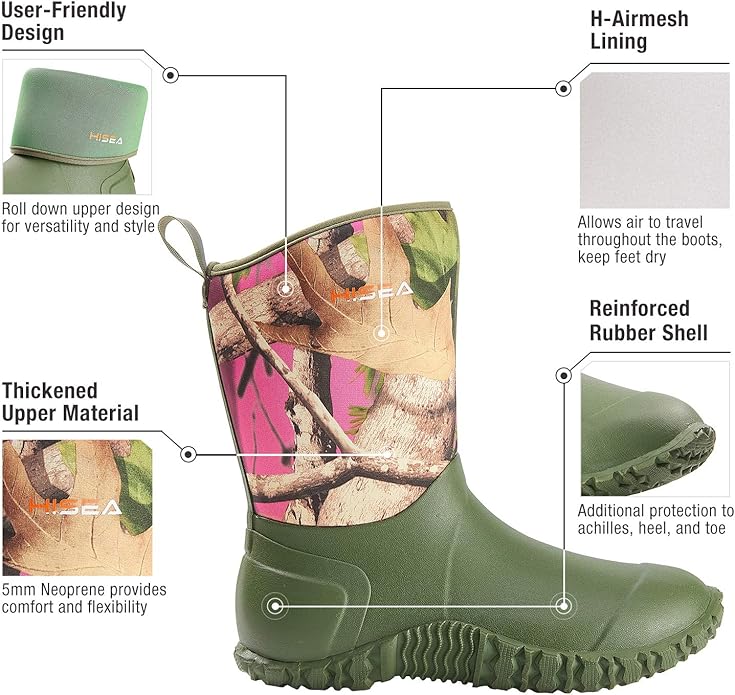 HISEA Women's Rubber Garden Boots Waterproof Insulated Yard Gardening Shoes Mid Height for Mud Working Outdoor