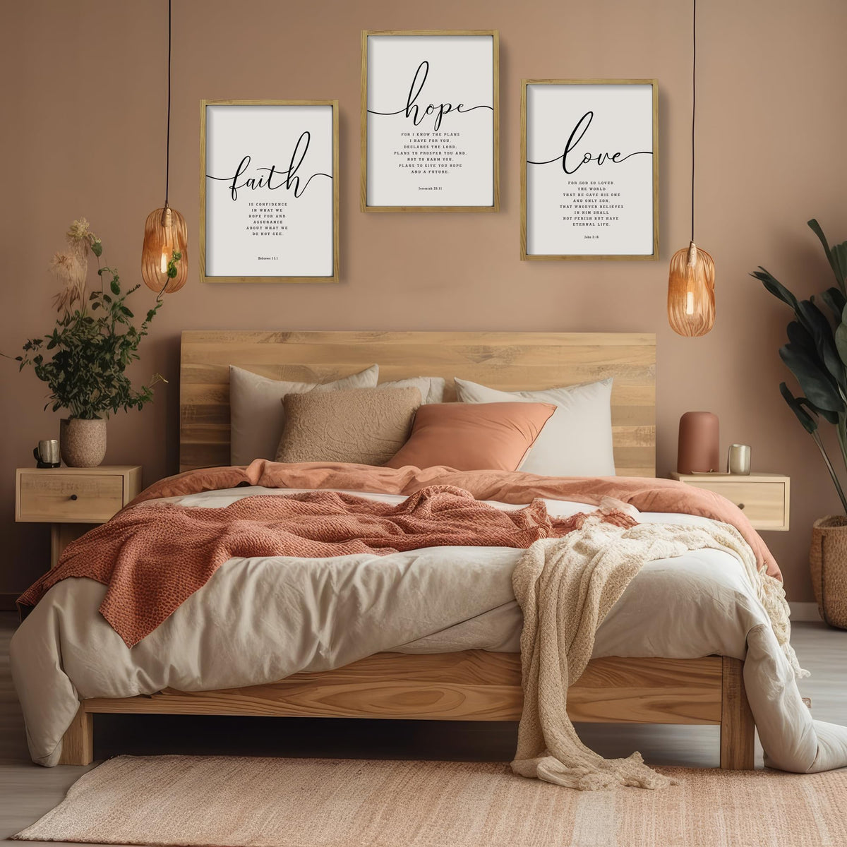 Houmury Set of 3 Framed Farmhouse Bible Verses Wall Decor Sign 11”x14” Christian Faith Scripture Wall Art for Home Bedroom Wall Decor (11"x14" Brown)