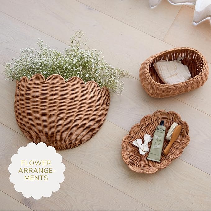 BEBE BASK Scalloped Wicker Hanging Basket - The Original Wicker Wall Decor - Hand Woven Wall Basket - Home Décor Wall Hanging Basket - Wall Storage Basket for Nursery, Living Room and Bathroom (Mocca)