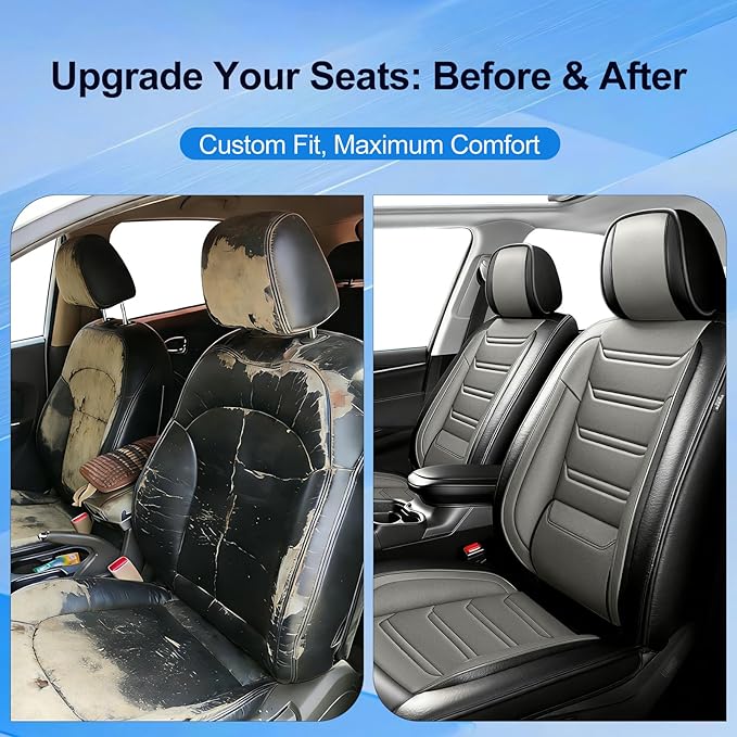 Fit Accord Car Seat Covers for Select Honda Accord 2012-2026, Luxury Full Coverage Leather, Airbag Compatible, Waterproof & All Weather Seat Protector, Front Pair Black+Gray