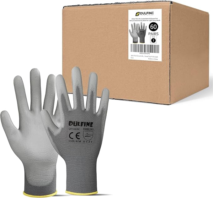DULFINE Safety Work Gloves for Men PU Coated 60 Pairs Bulk Pack,Grey Seamless Knit Glove with thin Polyurethane Coated Smooth Grip on Palm & Fingers,Ideal for General Duty Work (Extra Large)