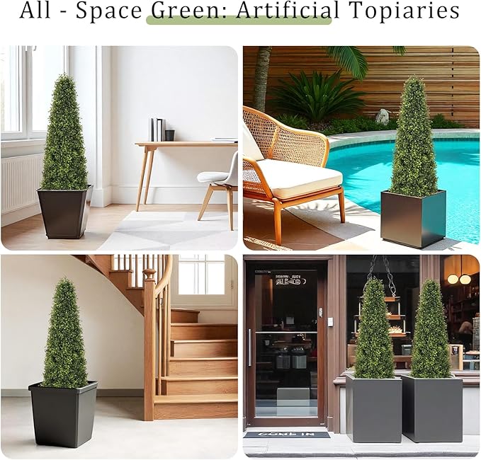 4ft Artificial Boxwood Topiary Trees (Set of 2) - UV Resistant Faux Plants Outdoor, Realistic 48in Fake Potted Bushes and Shrubs for Front Porch, Planter, Patio - Low Maintenance & Evergreen