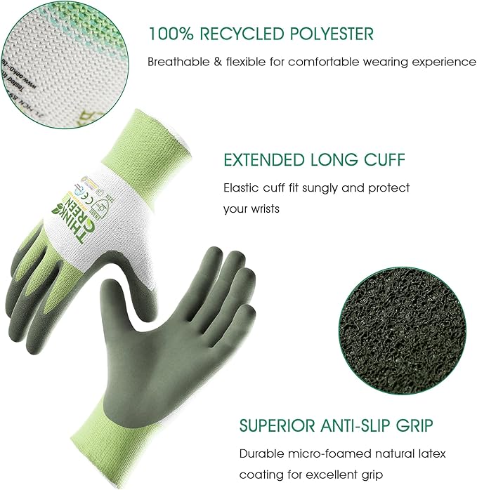COOLJOB 3 Pairs Gardening Gloves for Women Men, 100% Recycled Polyester with Rubber Coated for Garden Patio Yard Lawn Work, Green, White & Grey, Small Size