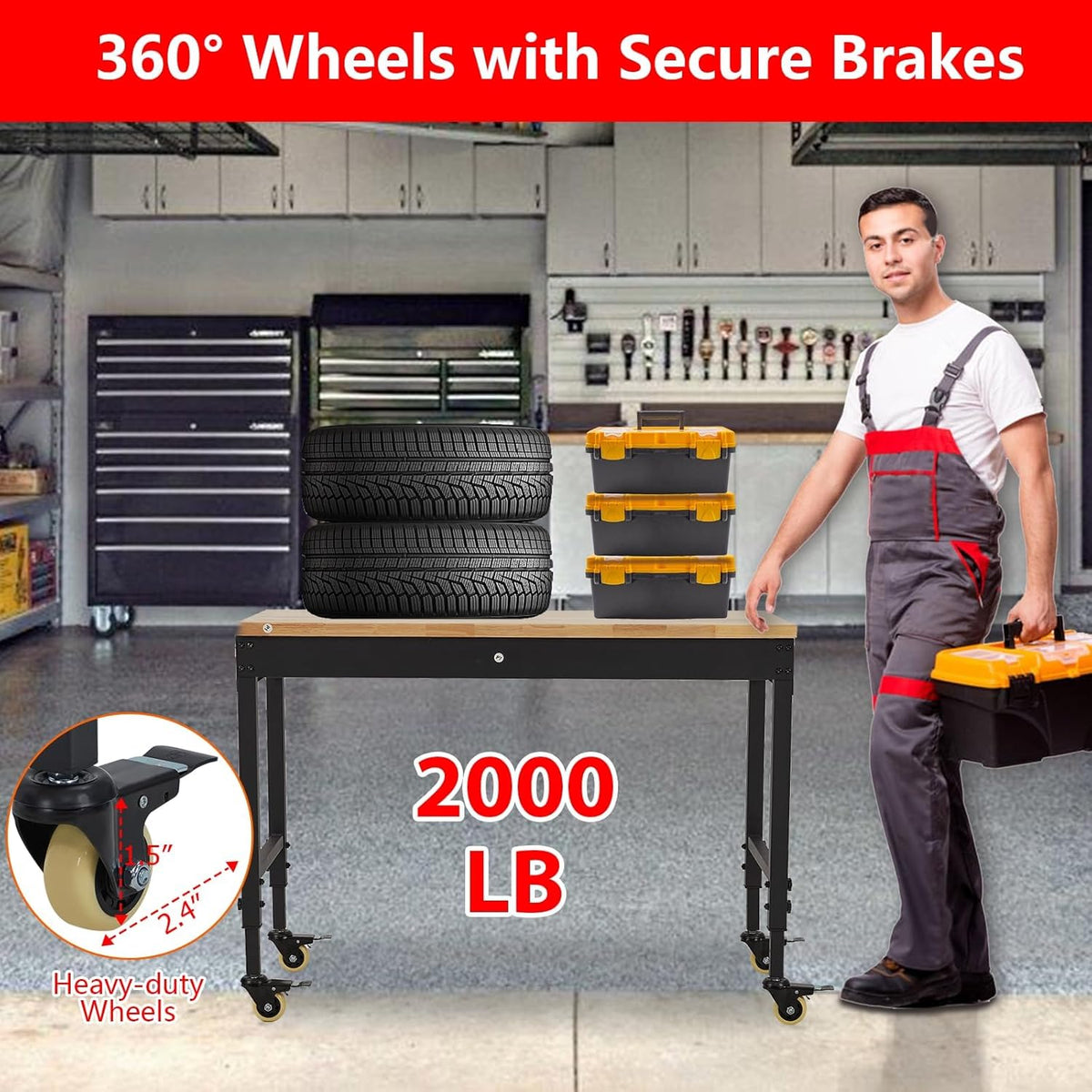 48'' Adjustable Workbench, Heavy Duty Workbench with Power Outlet and Lockable Wheels, 2000 LBS Capacity, Work Table Suitable for Office, Garage, Workshop